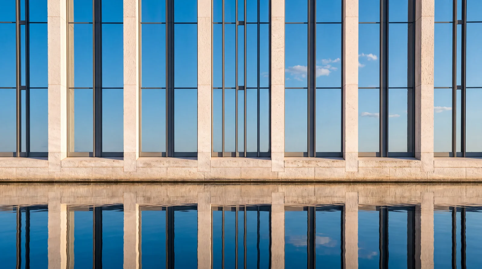 Blue sky reflected in limestone-framed architectural glass