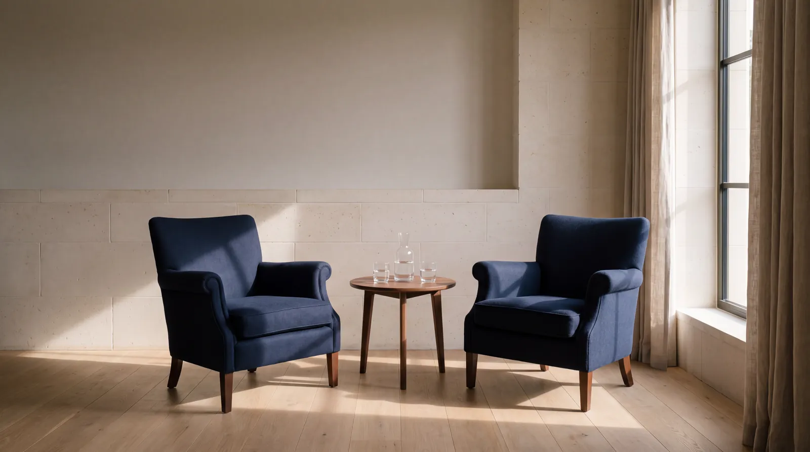 Navy armchairs facing each other beside a tall window