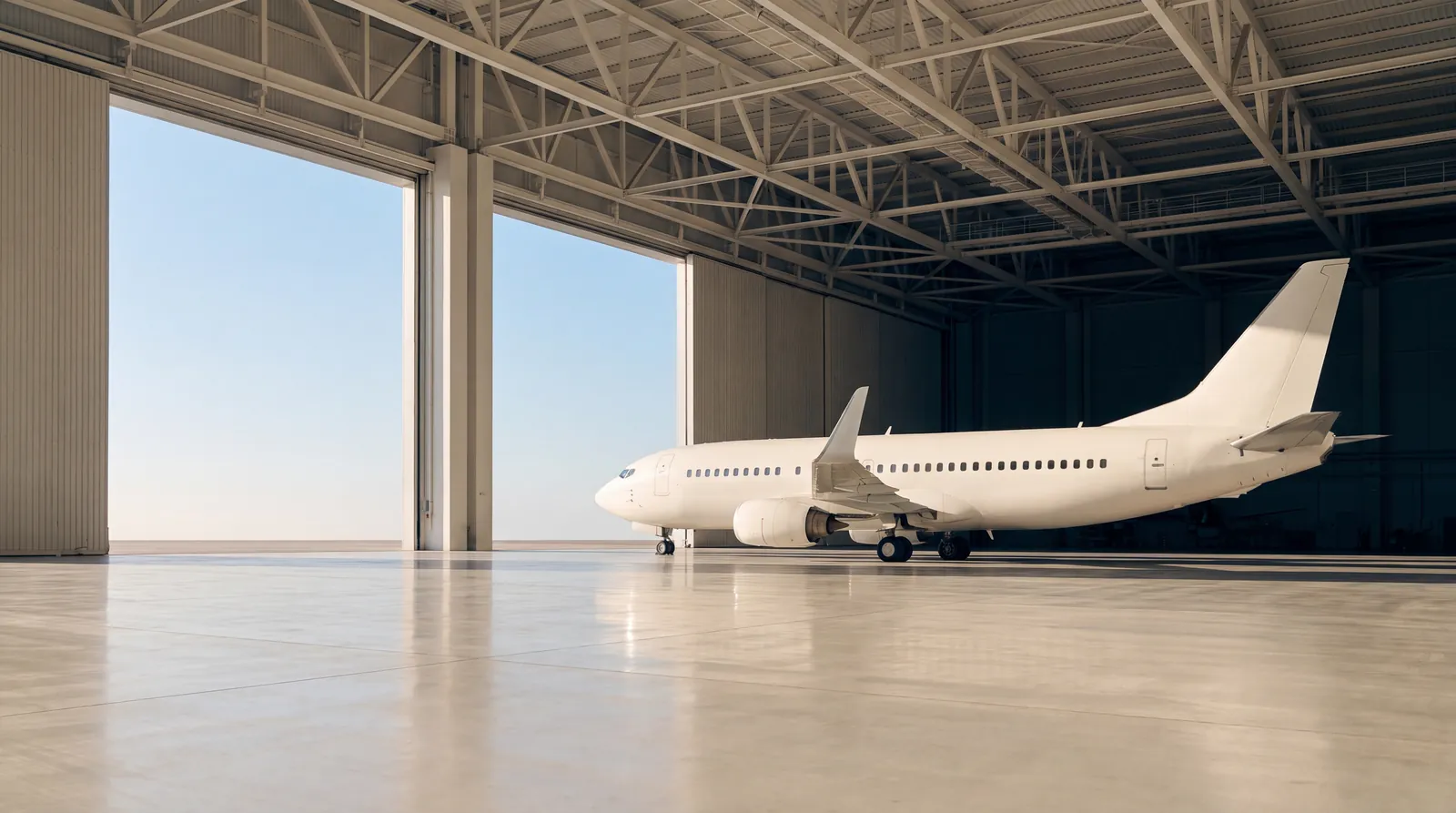 Unmarked white aircraft in an open hangar