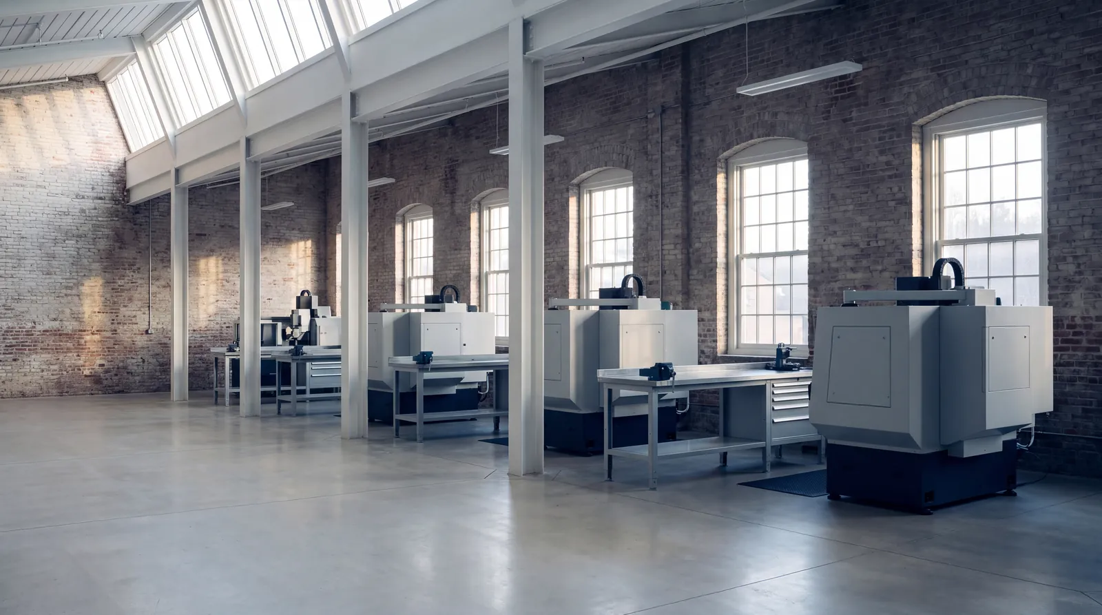 Orderly workshop with machine tools in a brick industrial building