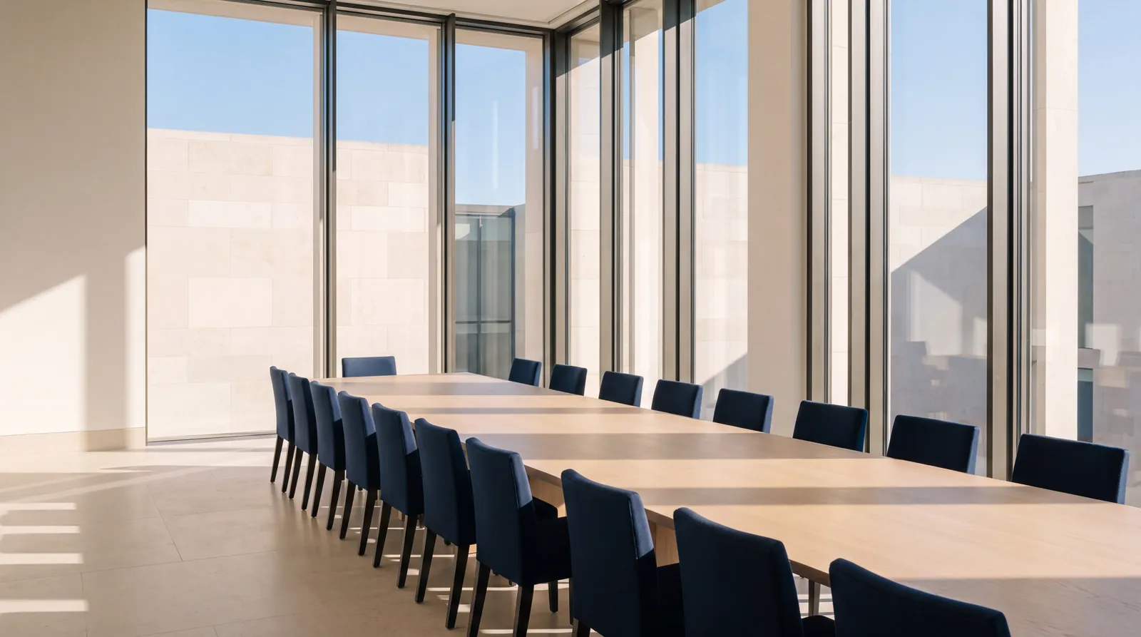 Empty boardroom with a long oak table and navy chairs in morning light