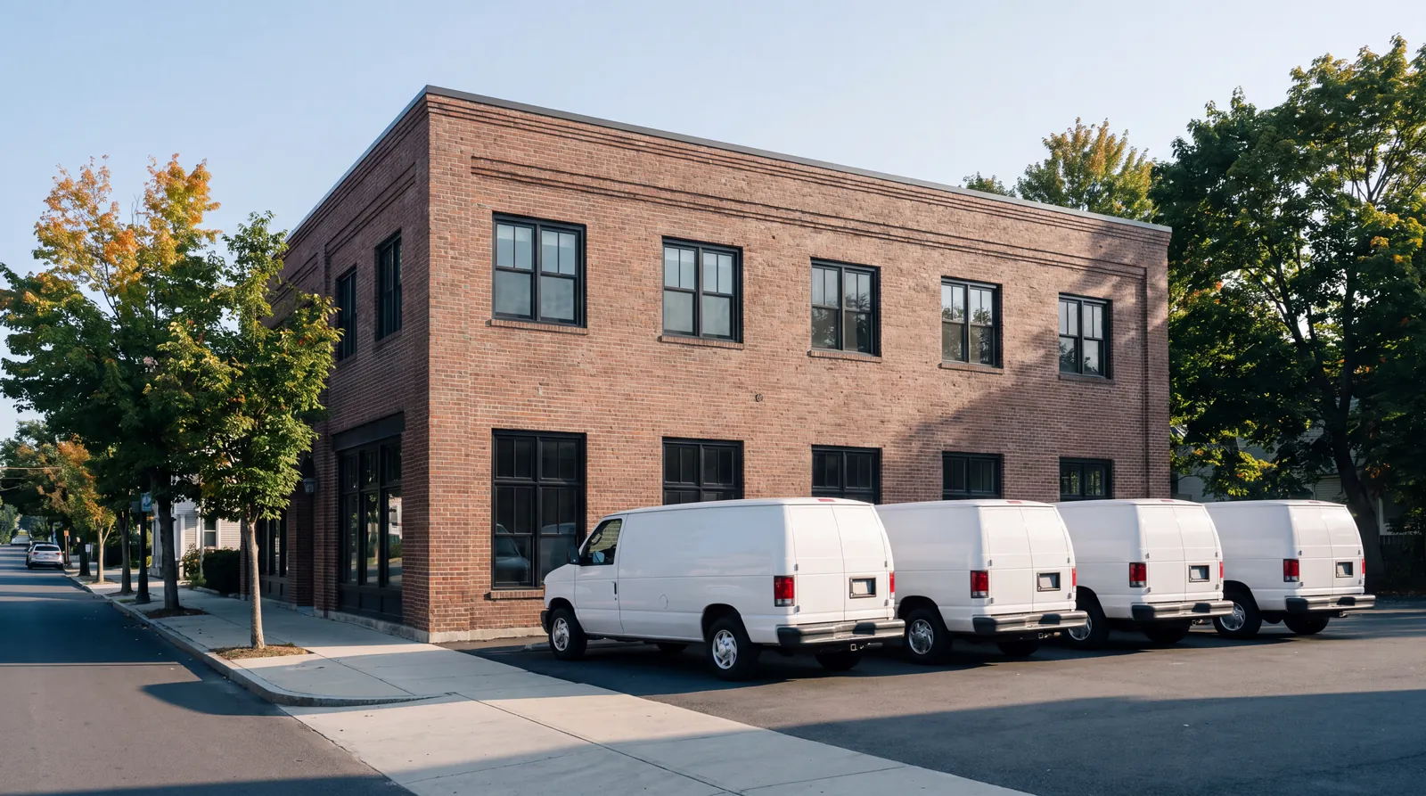 White service vans parked outside a brick building on a quiet street